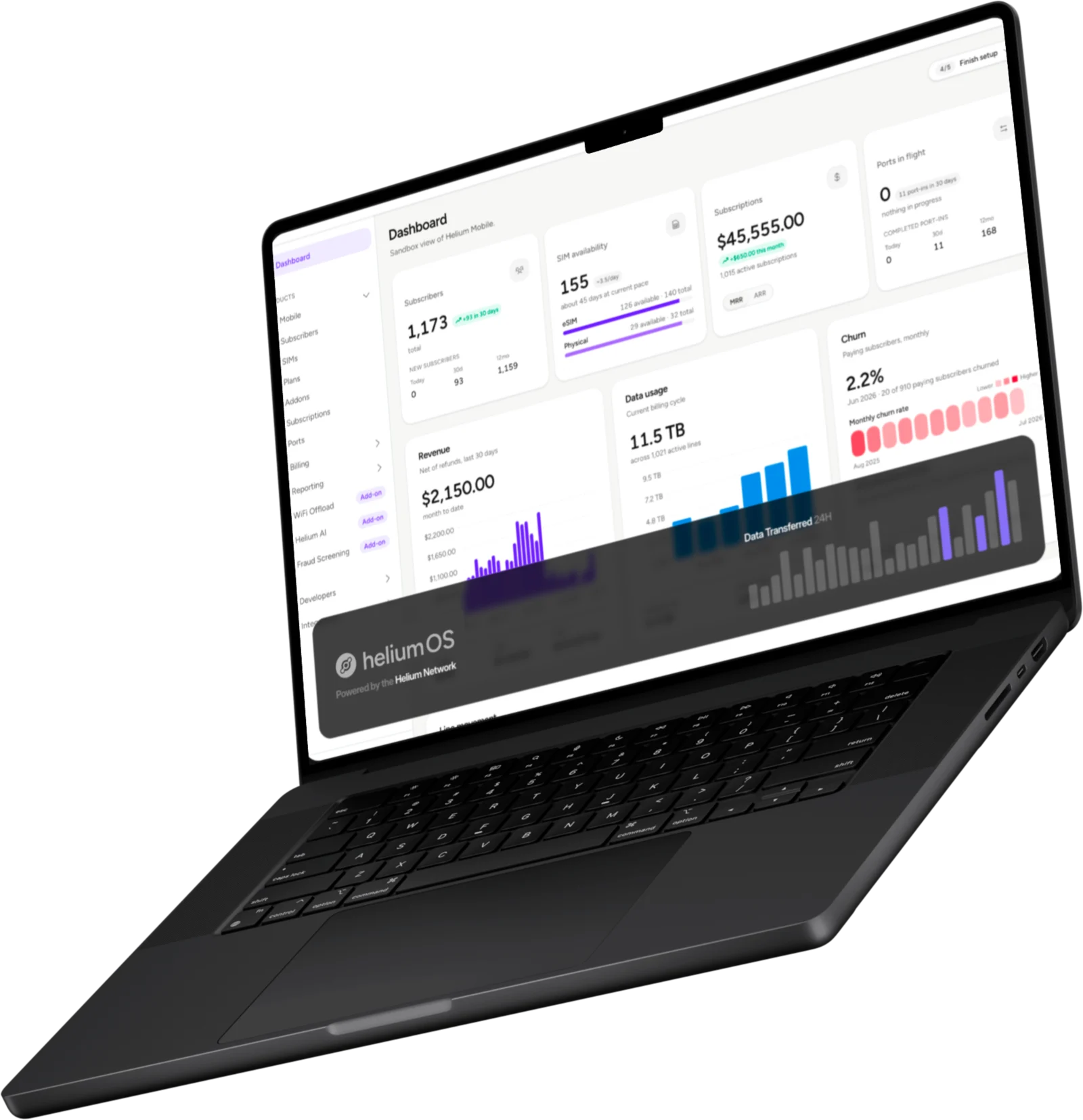 The heliumOS operator console on a laptop